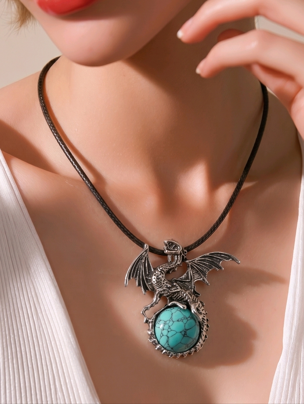 Turquoise Dragon Orb Pendant Necklace Western Gothic Fantasy Statement Jewelry